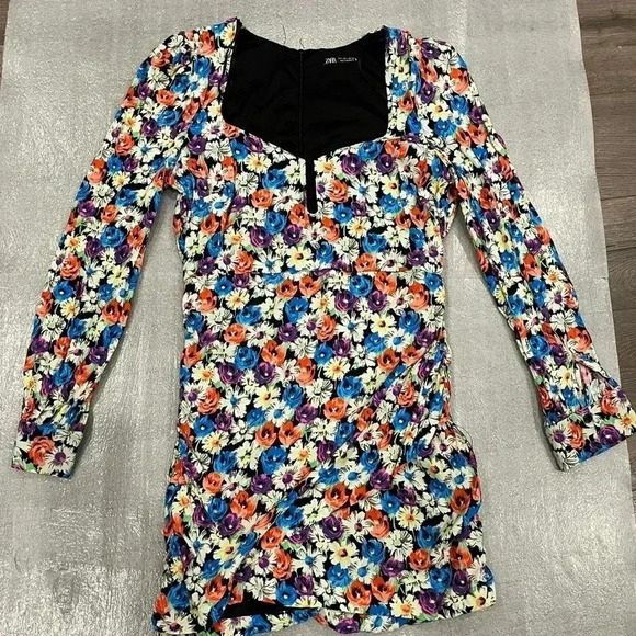 [L]ZARA WMN Multicoloured Floral Viscose LS Pencil Dress Sweetheart  Zip - Picture 6 of 13